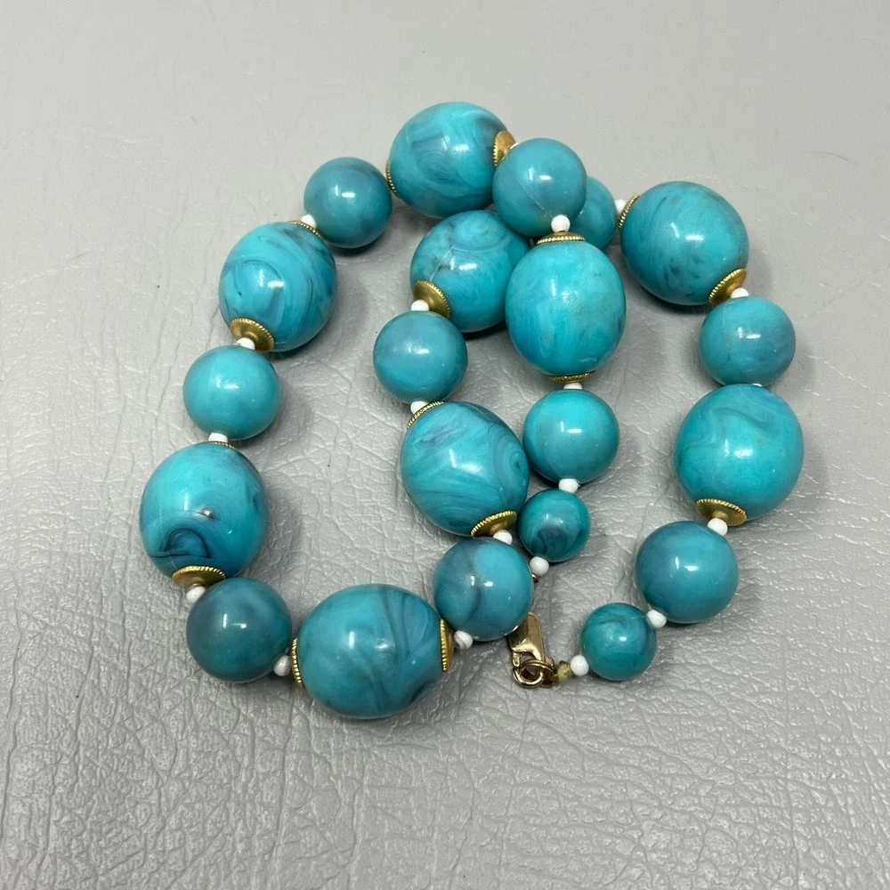 Vintage‎ Blue Marbled Bead Necklace Gold Tone Caps and Clasp